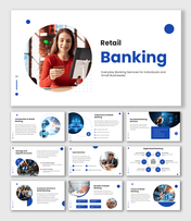 Banking PowerPoint Templates with retail card payment photo, blue circle shapes and clean white layout.
