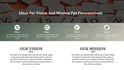 Slide with four circular icons in green overlay, followed by vision and mission sections in white background.