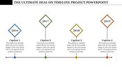 Minimalist timeline design featuring years 2016 to 2019, with vertical lines and diamond markers above captions.
