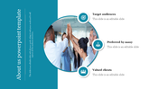 About Us, PowerPoint slide with sections for target audiences, preferred by many, and valued clients with an image.