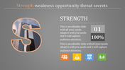 Gray slide with a large S featuring a building image, strength section text, and colorful icons at the bottom.
