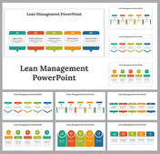 Slide deck with lean management theme, featuring colorful, numbered steps, icons, and descriptive sections.