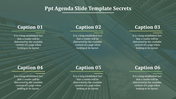 Agenda slide with six captions arranged in two rows on a green background featuring abstract line patterns.