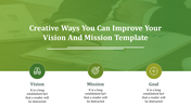 Green gradient slide with a blurred person writing in the background with three circular icons with text below.