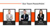 Slide with a white background featuring orange stripe, and three framed team member photos with names and roles.