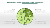 Green circular puzzle divided into four parts, featuring icons and captions for key business elements.