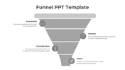 Vertical funnel diagram in gray tones with progressive stages from awareness to intent, featuring icons and descriptions.