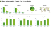 Infographic charts for PowerPoint slide featuring bar, pie, and map charts in different styles and colors.