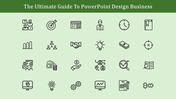 A collection of business icons for PowerPoint design, showcasing target, time, collaboration, and finance.