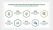 Cracking the PowerPoint design business secret slide showcasing a timeline from 2017 to 2021 with hexagonal icons.