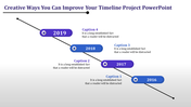 Diagonal timeline design featuring blue and purple ovals with circular connectors, showing years from 2016 to 2019.