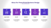 A PowerPoint business design template showing five steps labeled Agreement, Search, Analysis, Target, and Profit with icons.