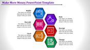 Slide showcasing hexagonal sections in blue, pink, orange, red, purple, and green with financial icons and text.