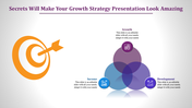 Growth strategy slide featuring a large orange target icon and three overlapping circles with caption areas.