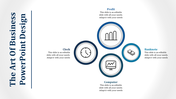Business PPT slide design with four icons representing different business concepts each with captions.