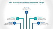 Business PPT slide design featuring five sections with icons for different business strategies, each with captions.