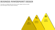 Triangular business process with three yellow pyramids displaying icons for brainstorming, analysis, and goal setting.