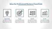 Business infographic with four sections showing icons for innovation, target, search, and profit, each in boxes with text.