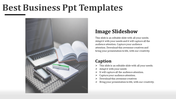Business template featuring a workspace image with a laptop, open book, and stationery, with text on the right.