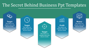 Five blue and teal hexagonal banners with business icons and text, aligned horizontally under a green header.
