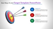 3D target graphic with three arrows hitting the center, alongside numbered captions 01, 02, and 03. 