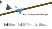 Thank you slide with a slanted line, triangles, and icons for address, phone, and email.