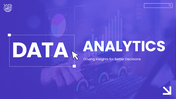 Data Analytics PowerPoint with purple gradient slides, charts, dashboards, icons, and geometric shapes layout.