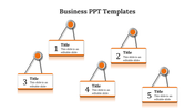 Business PowerPoint slide with five sections labeled with titles, connected with orange icons.