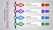 Four step business slide with red, purple, blue, and green segments arranged vertically, on a gray background.