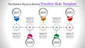 A timeline PowerPoint template with five steps, each marked by a different year from 2017 to 2021.