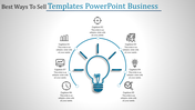 Business infographic with a central light bulb and seven captions in circular alignment, each paired with unique icons.