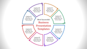 Business presentation template with eight sections, each highlighted by different colors and captions.