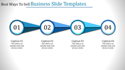 Business slide with four numbered circles connected by blue arrows, each circle featuring a caption and representing steps.