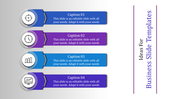 Business slide with four colorful sections featuring icons for target, clock, bar chart, and analytics with captions.