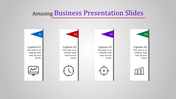 Business slide with four vertical segments, each containing a flag icon in different colors, with icons and caption areas.