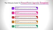 Agenda slide showing five color-coded sections with numbered captions, from 01 to 05, each featuring placeholder text.