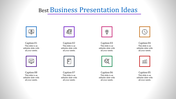 Eight business themed icons, including monitor, light bulb, chart, and clock, in multicolored squares with captions areas.