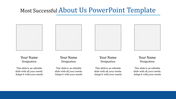 Four gray square placeholders in a row with captions below each, designed for team member information.