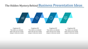 Business themed slide with four sections: bar chart, target, clock, and monitor icons, each with placeholder text areas.