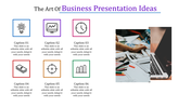 Slide with six icons in colorful boxes, showcasing business presentation ideas with captions and an image of a workspace.