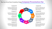 Circular company presentation design with numbered segments for content, from 01 to 08, in vibrant colors.