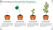 Slide with four brown potted plants showing stages of growth from seeds to a fully grown tree, numbered 01 to 04.