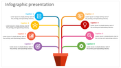 Colorful infographic presentation template with icons and captions for various business processes.