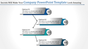 Company template infographic with sequential steps labeled 01 to 04, gray gradient banners, and connecting arrows.