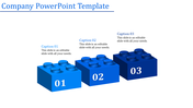 Three blue 3D company blocks, transitioning from light to dark, numbered 01 to 03, with captions placed above each.