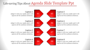 Colorful agenda slide with numbered sections and text placeholders for each point.