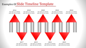 Timeline template with red arrows and metallic columns, displaying yearly milestones from 2016 to 2024 with placeholder text.