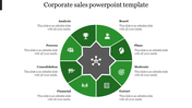 Corporate sales template with eight green sections arranged in a circular design, featuring icons and captions.