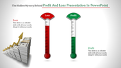 Slide with red and green thermometers representing loss and profit, and a money stack graphic on the left.