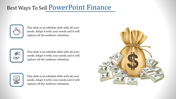 PowerPoint finance slide featuring money bag and stacked bills with icons and placeholder text.